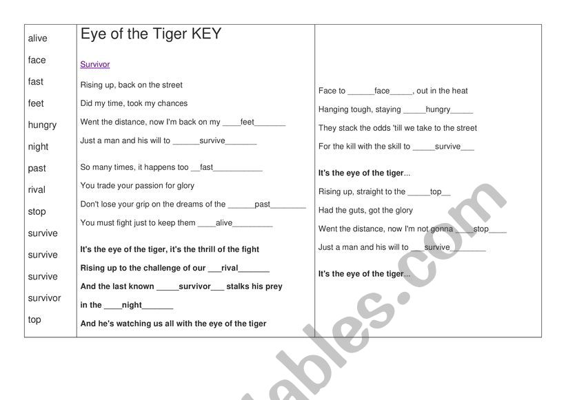 Eye of the Tiger - song Worksheet