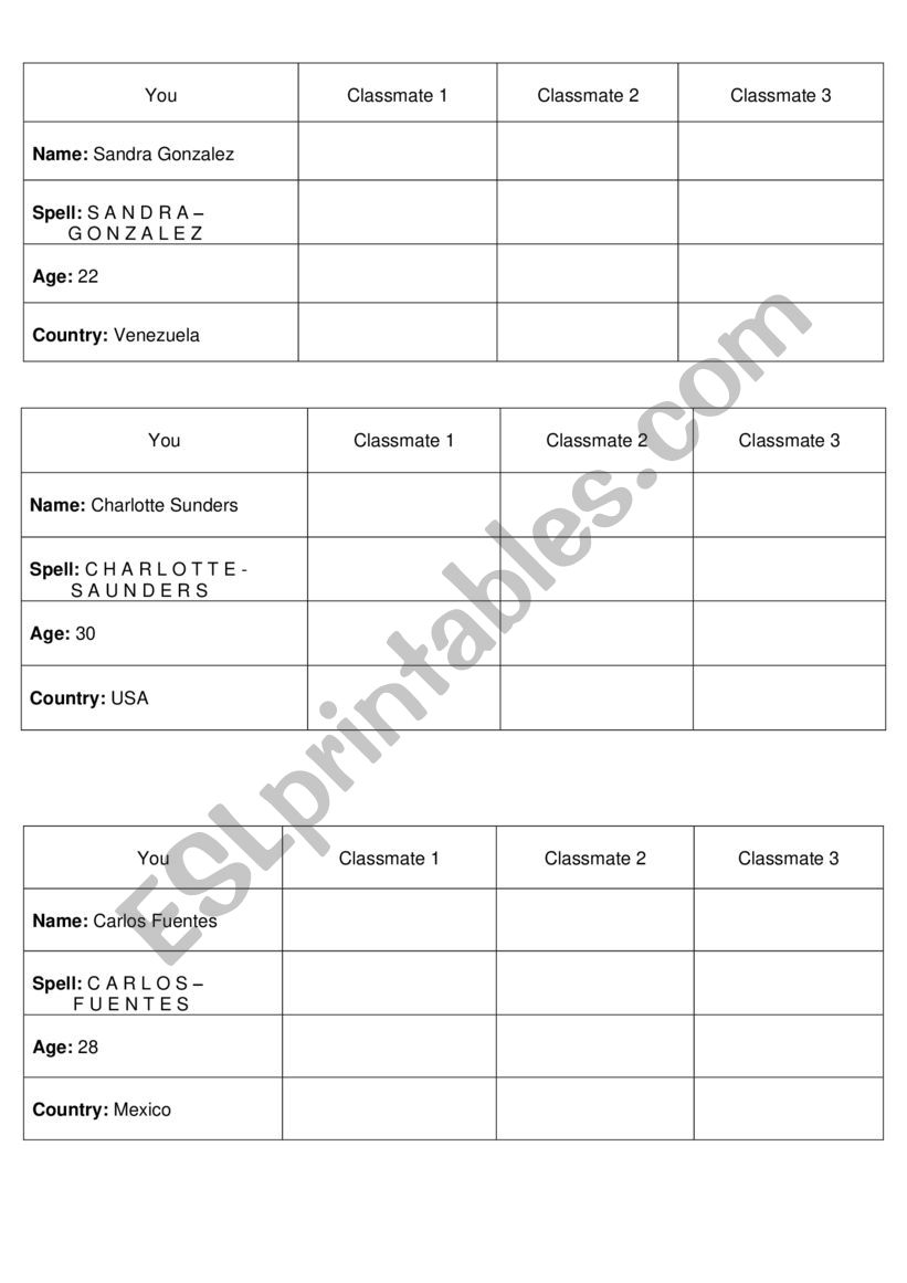 Personal Information worksheet