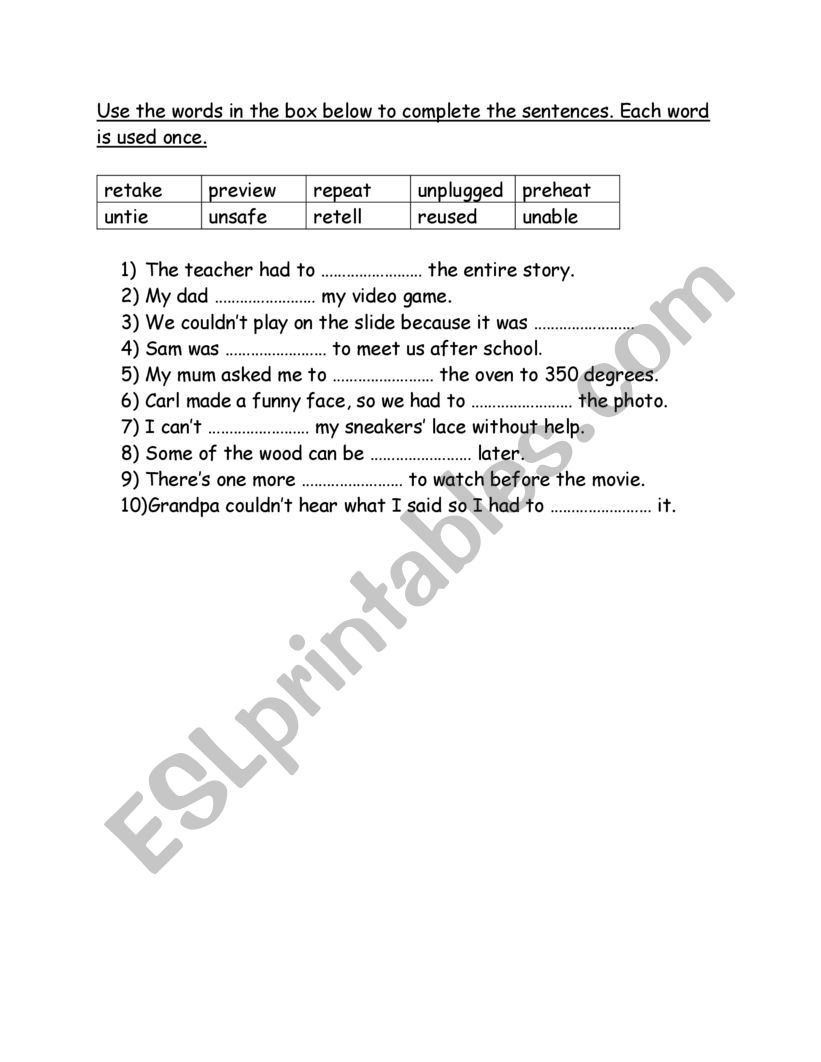 Prefixes pre, re, un worksheet