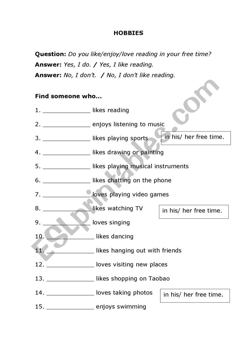 HOBBIES worksheet