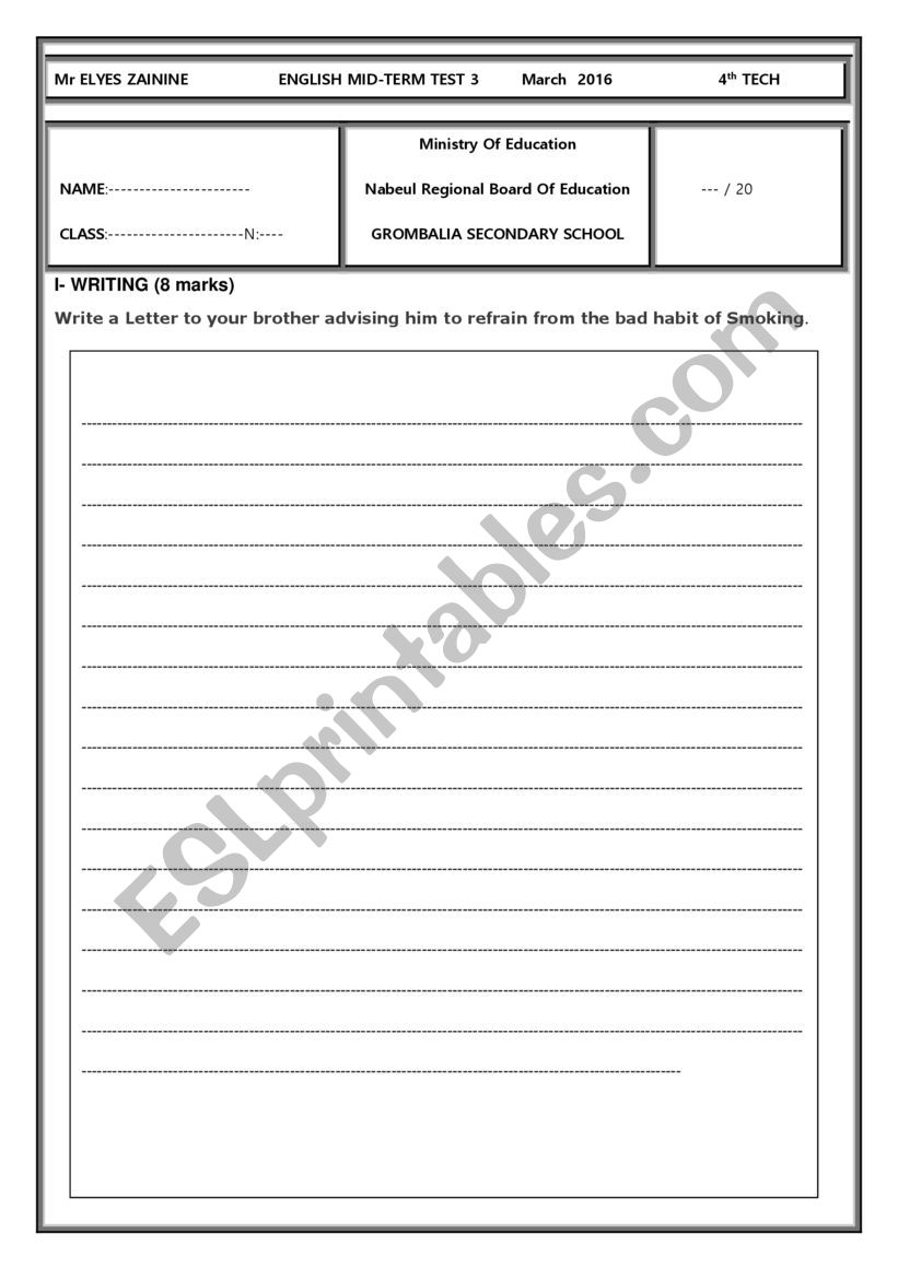 mid-term test 4th year worksheet