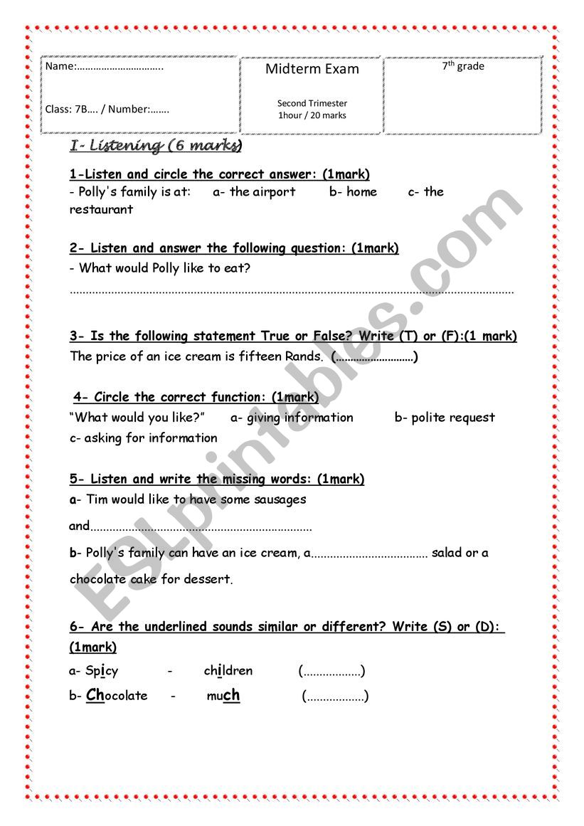 MIDTERM EXAM N2 7TH GRADE TUNISIA 