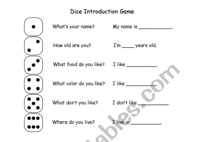 Dice Introduction Game worksheet
