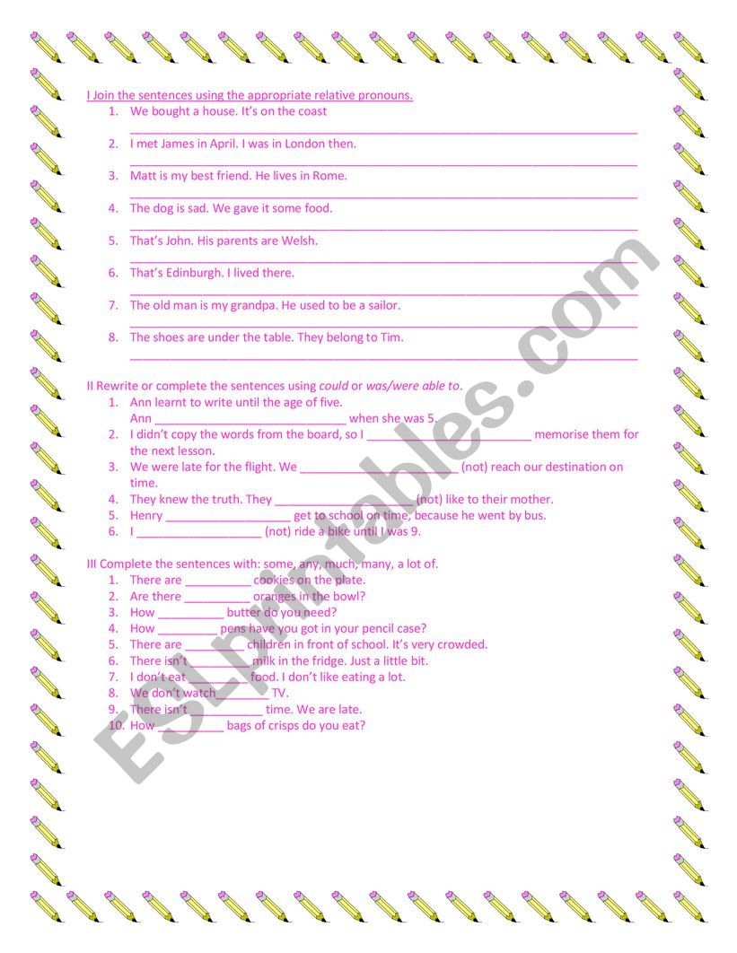 Relative pronouns,could & be able to,quantifiers