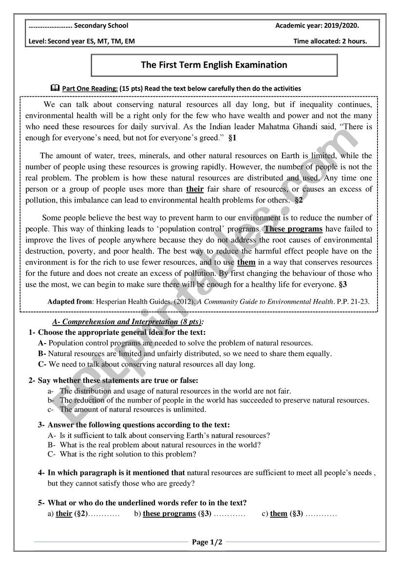 exam worksheet