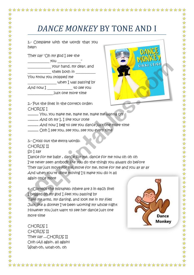 Dance Monkey by Tone and I worksheet