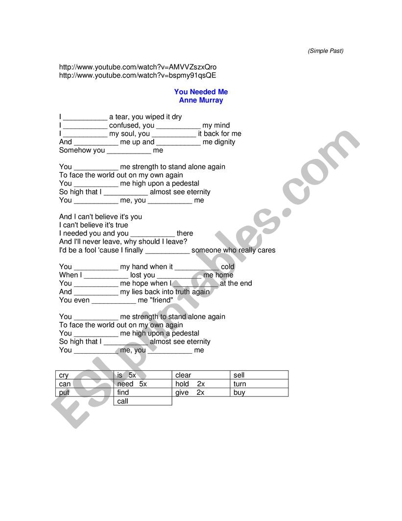 Song You Needed me worksheet