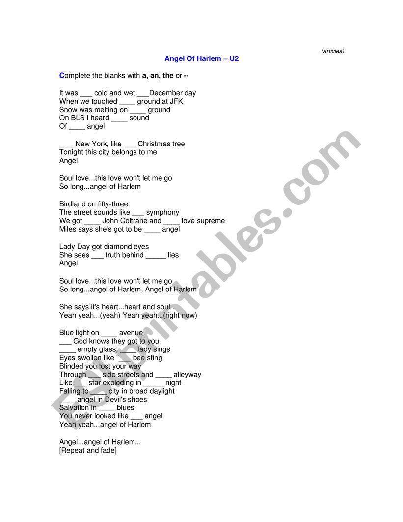  Song Angel of Harlem worksheet