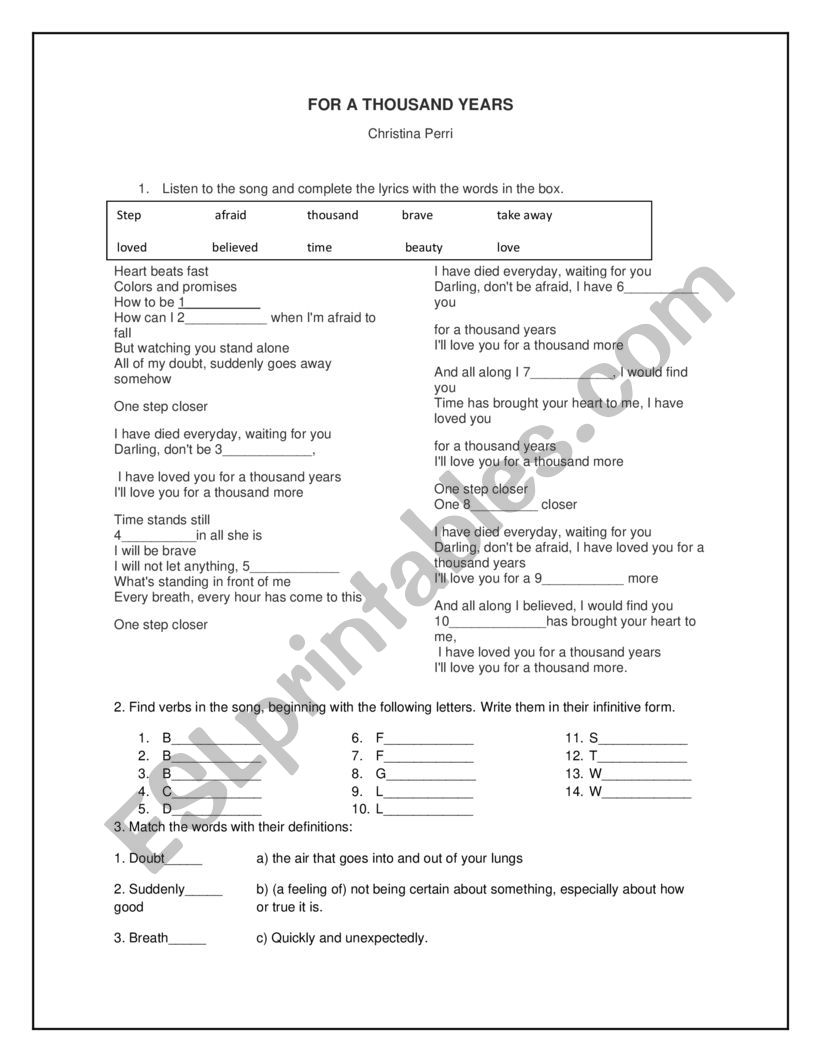 Song: For a Thousand Years worksheet