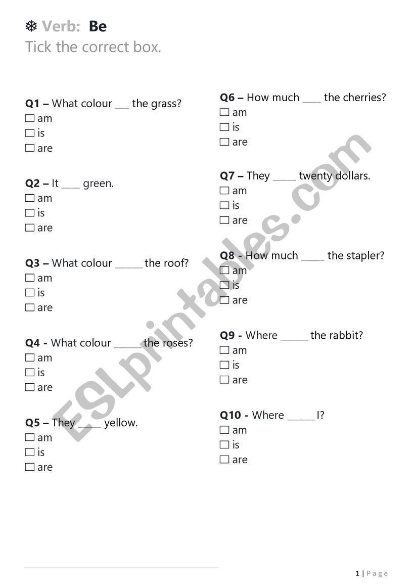To Be worksheet
