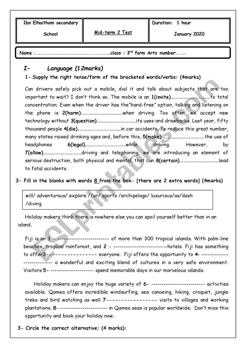 mid-term test 2 3rd year arts 