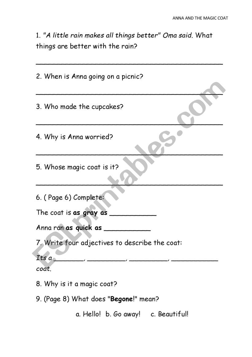 Anna and the Magic Coat study worksheet