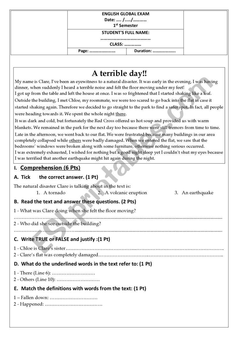 first term  local exam worksheet