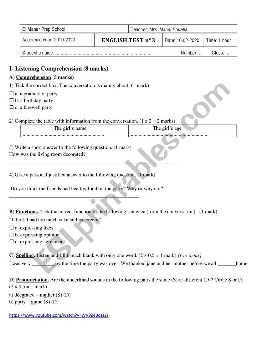 mid- term -test n2 8th form worksheet