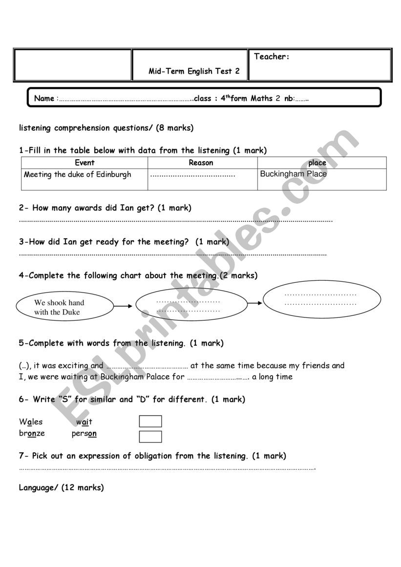 fourth form mid term test 2 worksheet