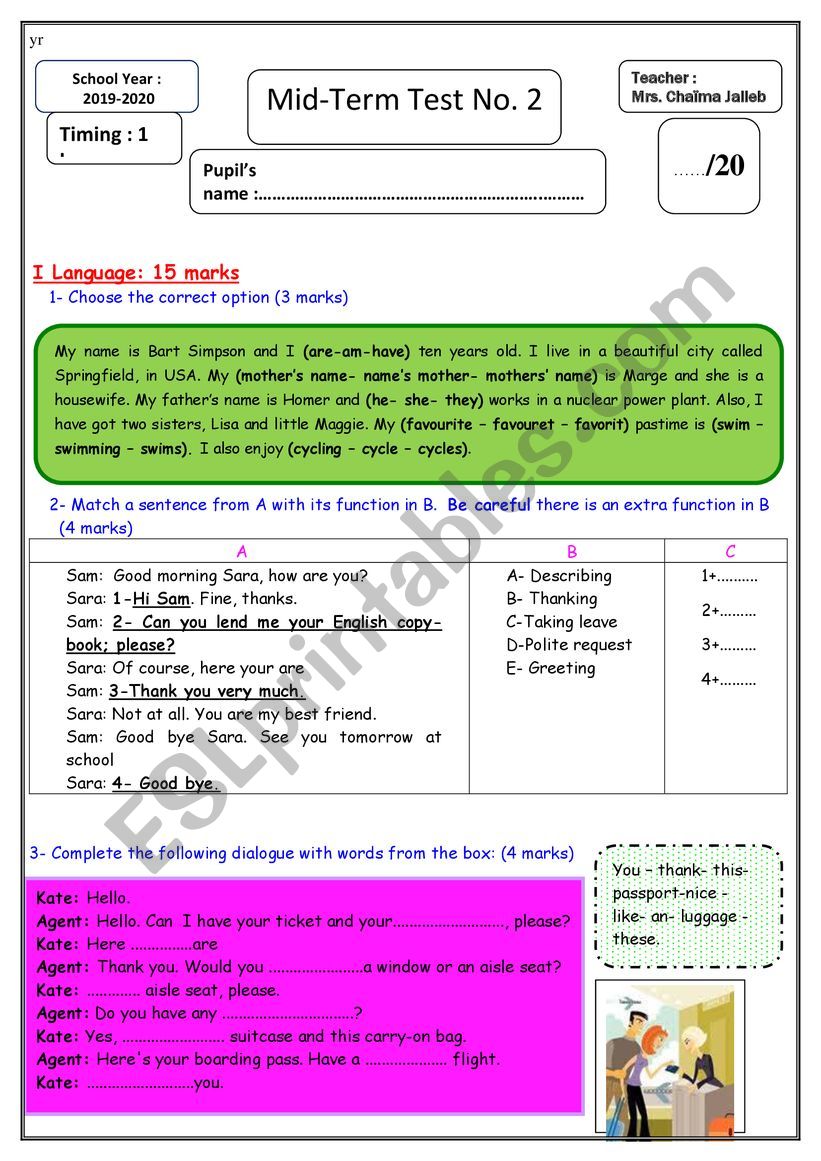 mid-term test No.2 for 7th formers Tunisian school