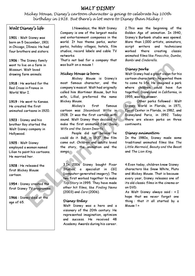 Walt Disney worksheet