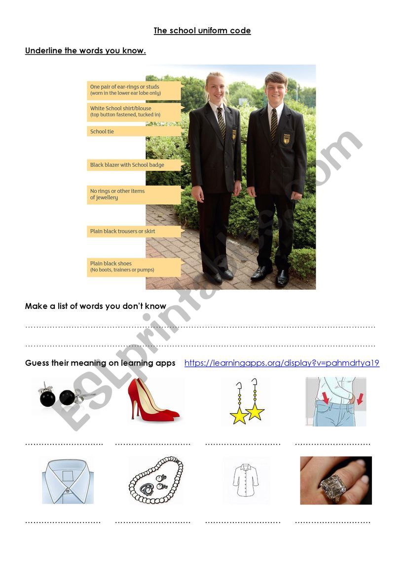 The school uniform code worksheet