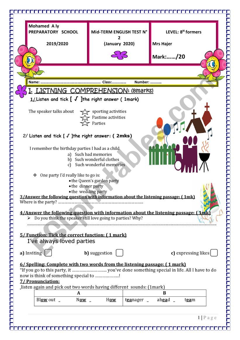 Mid test N2 For 8th form worksheet