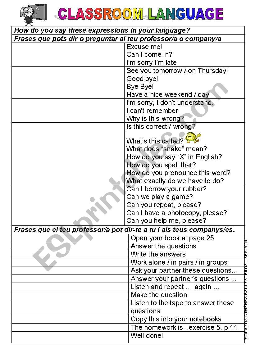 Classroom Language worksheet