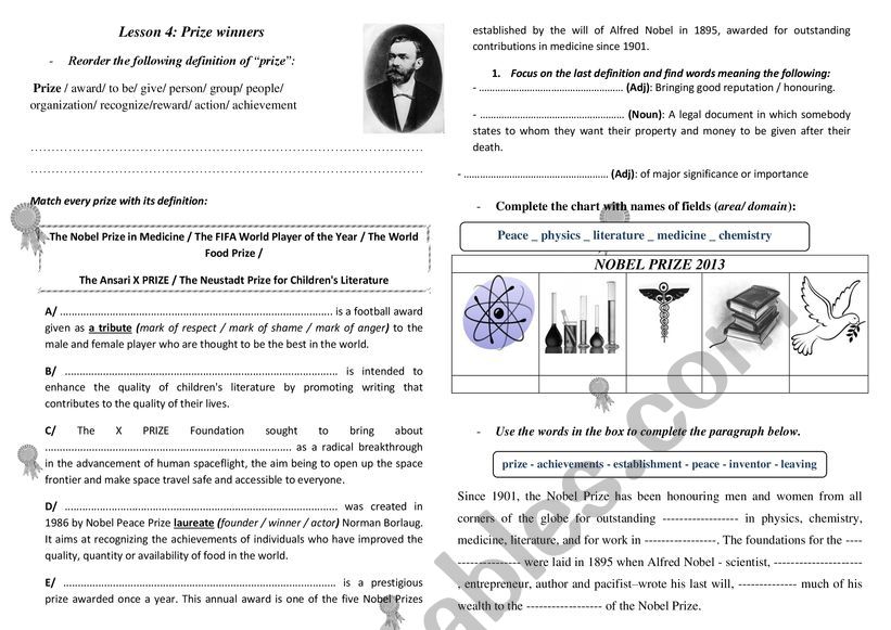 prize winners  worksheet