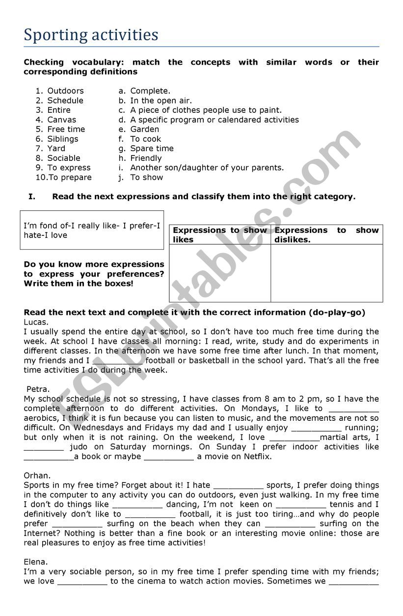 sporting activities  worksheet