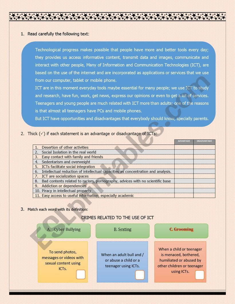 ICTs IMPORTANCE FOR TEENAGERS worksheet