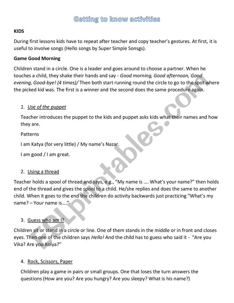 Getting to know activities worksheet