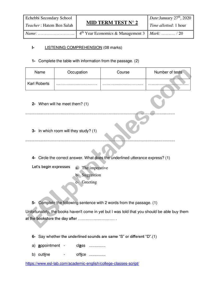 Mid term test 4th form worksheet