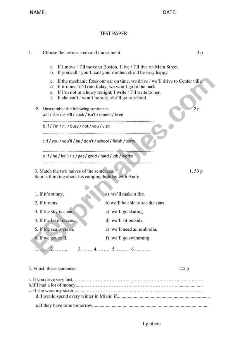 conditionals-test worksheet