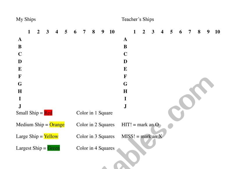 Battleship worksheet