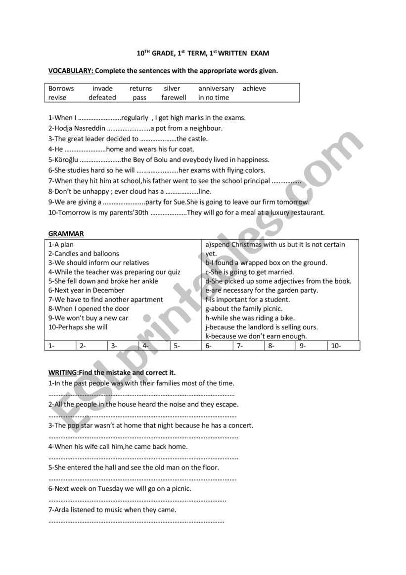 10th Grades 1st Written Exam worksheet