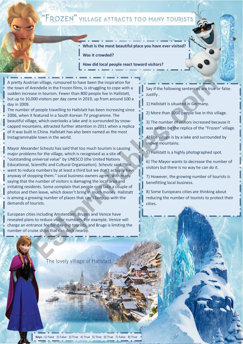 Frozen village attracts too many tourists + Reading comprehension + Discussion + keys