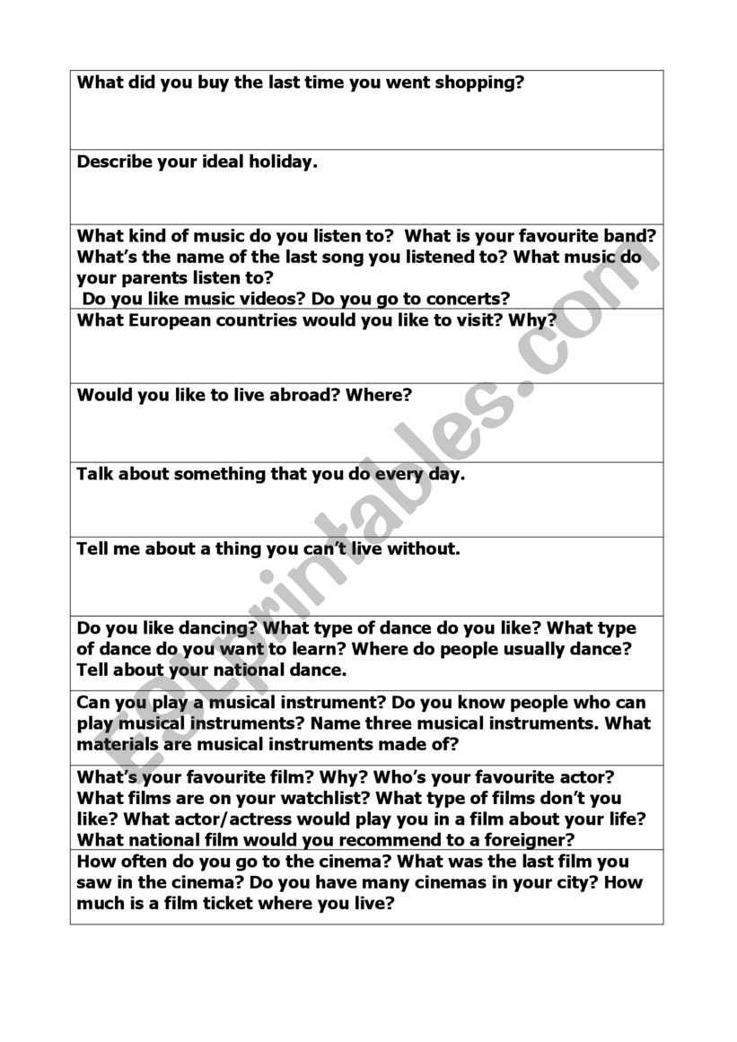Speaking cards worksheet