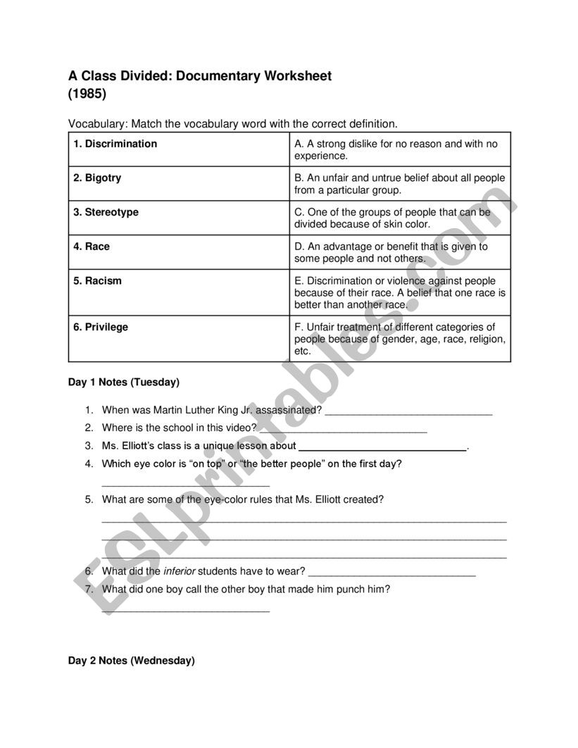 A Class Divided - Documentary Worksheet
