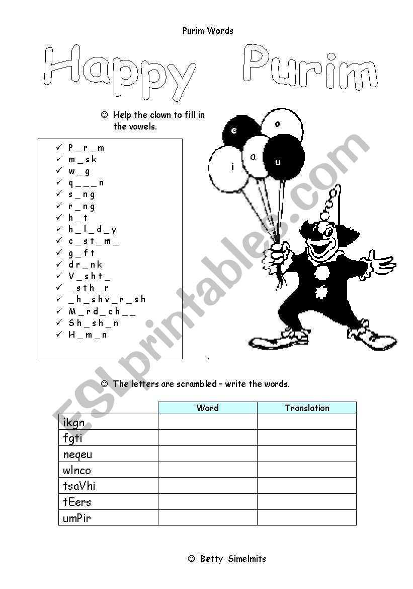 Happy Purim worksheet