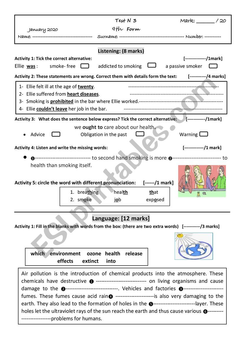 Test 3 9th form  worksheet