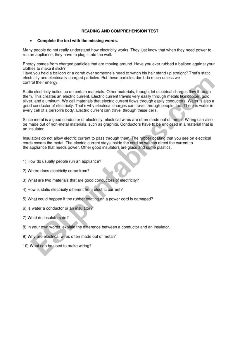 electricity comprehension worksheet