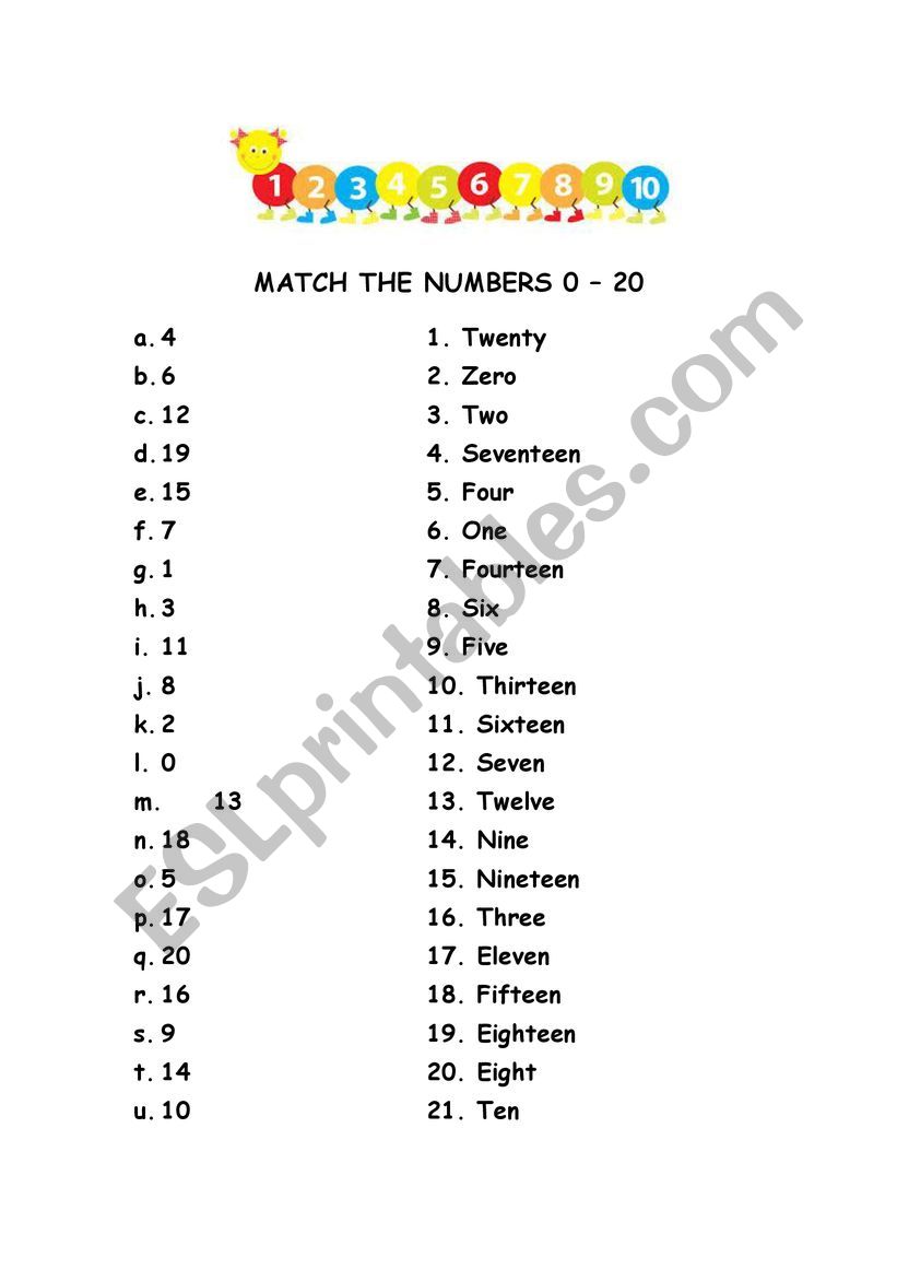 Numbers 0-20 worksheet
