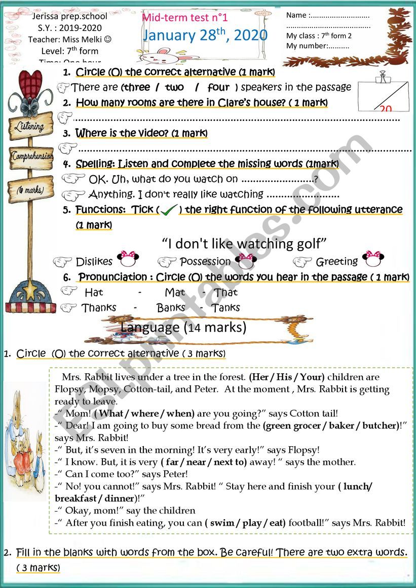 7th form Mid- term test N2 worksheet