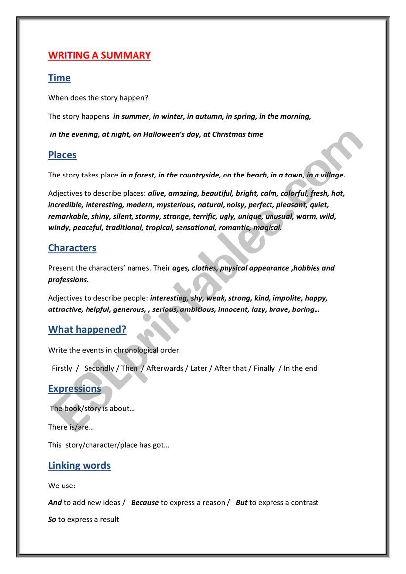 writing a summary worksheet