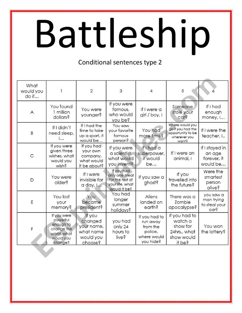 Battleship Game worksheet