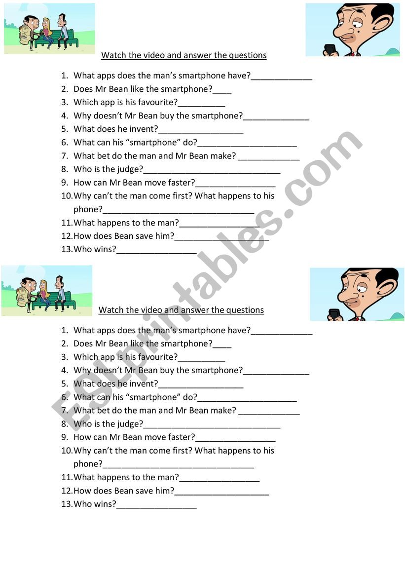 Mr Bean�s Phone cartoon worksheet