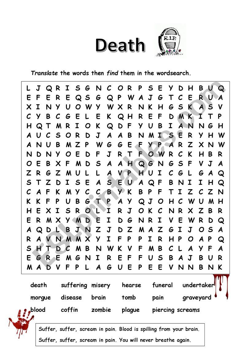 Death word search worksheet