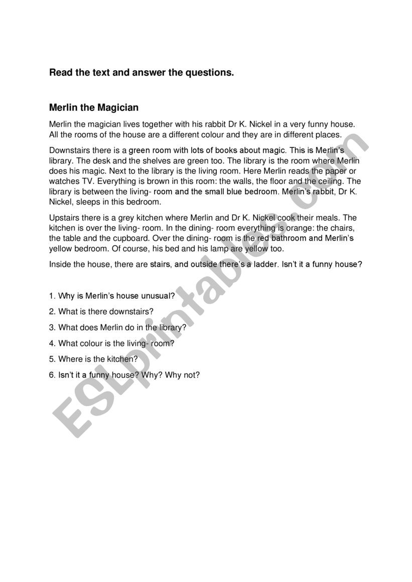 Merlin�s funny house worksheet