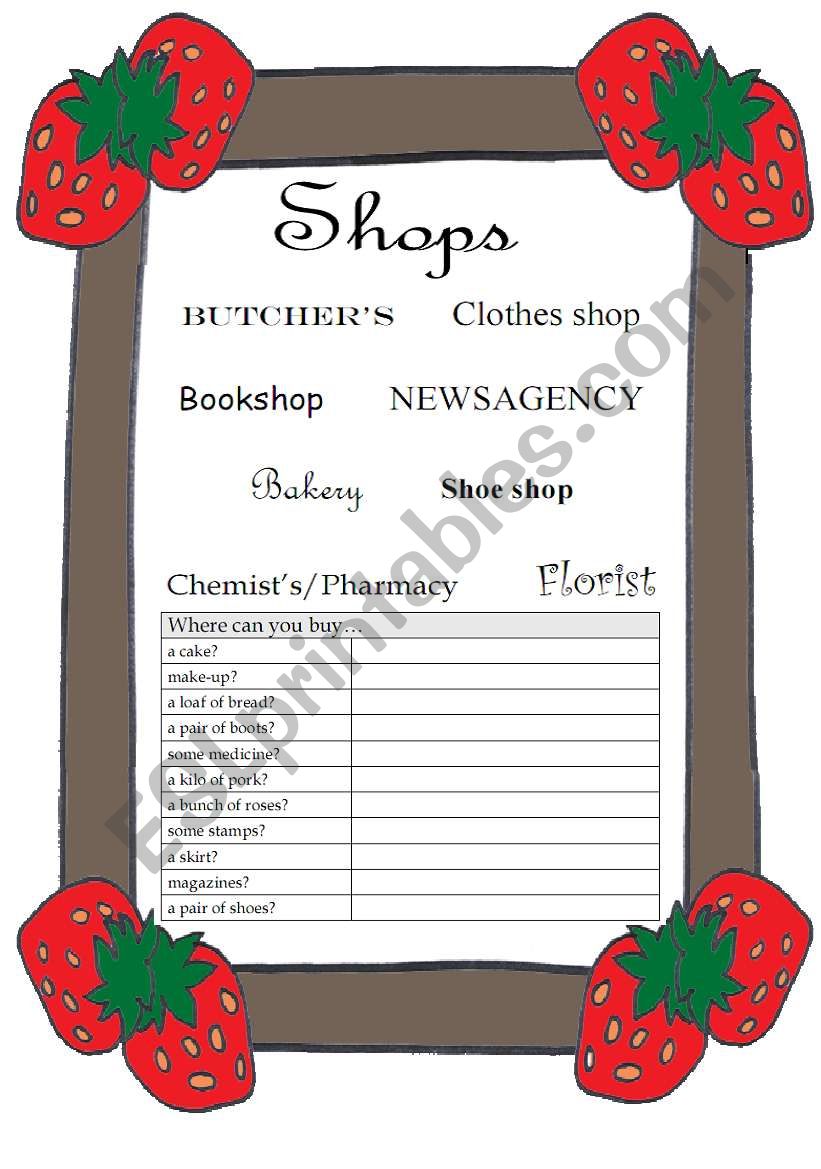 Shops worksheet worksheet