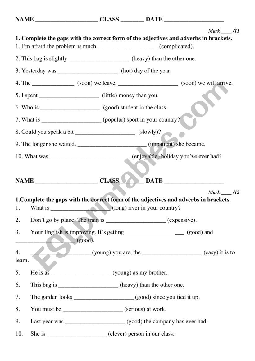 Degrees Of Comparison Of Adjectives And Adverbs Worksheets