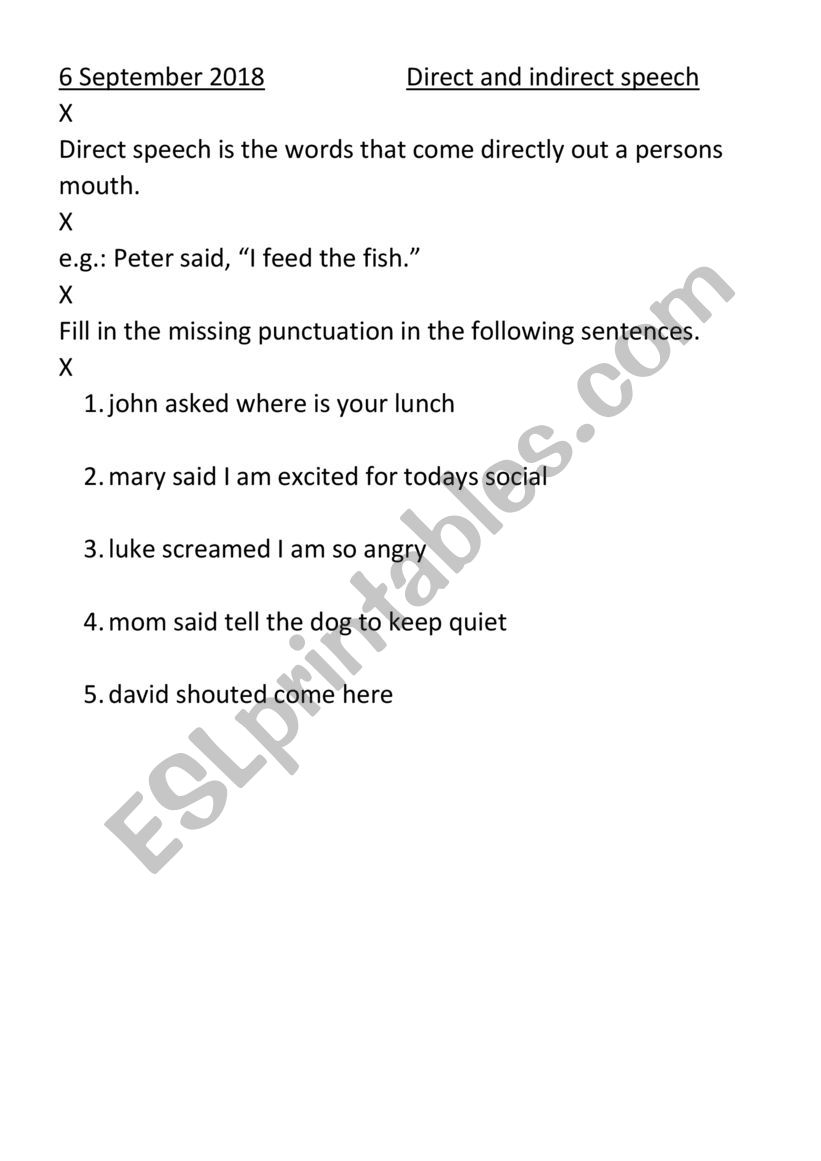 Direct and indirect speech worksheet