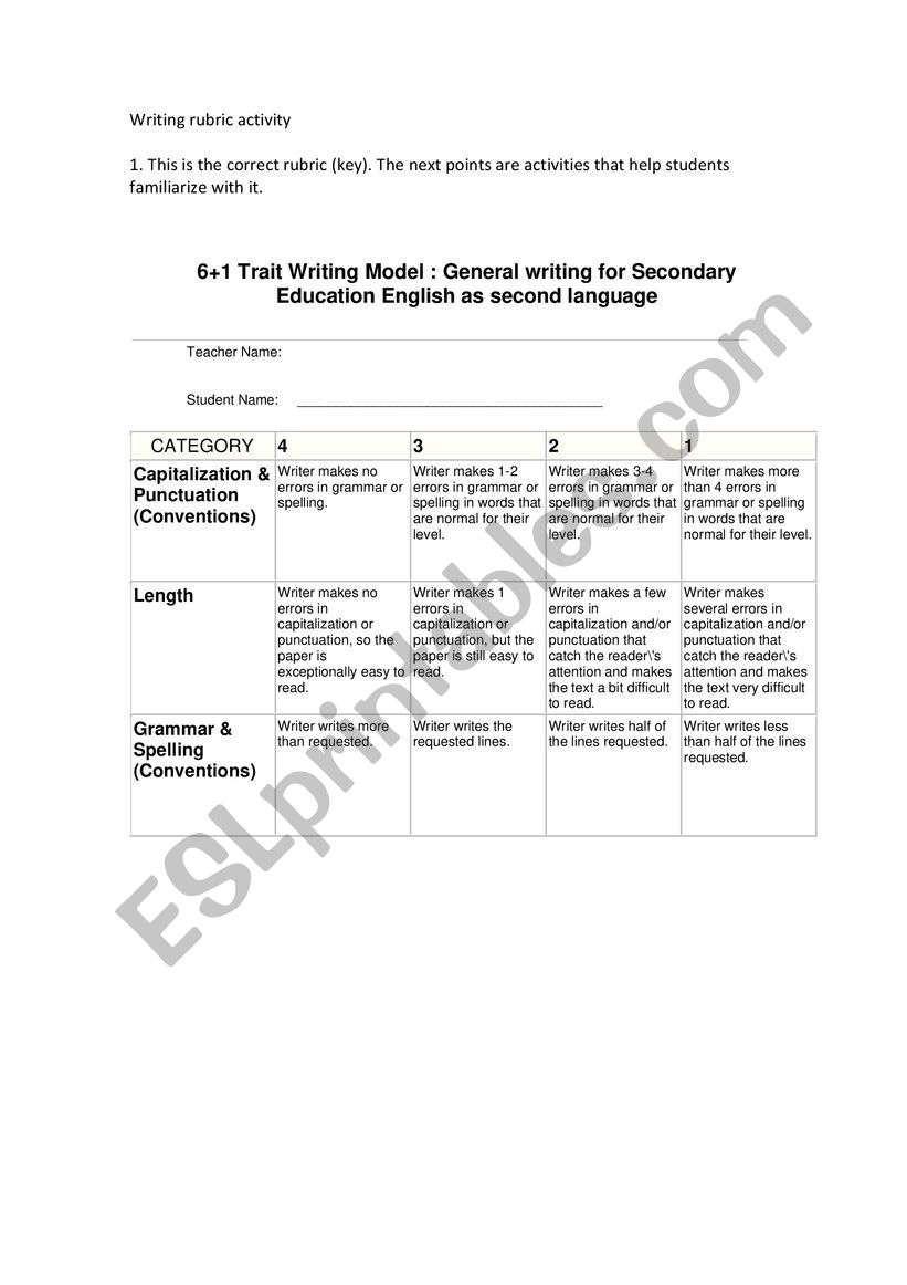 Writing Rubric Activities worksheet