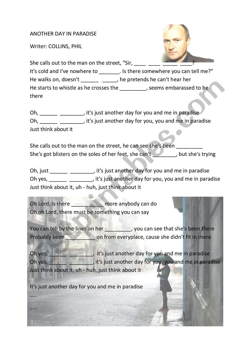 song Another Day in Paradise worksheet